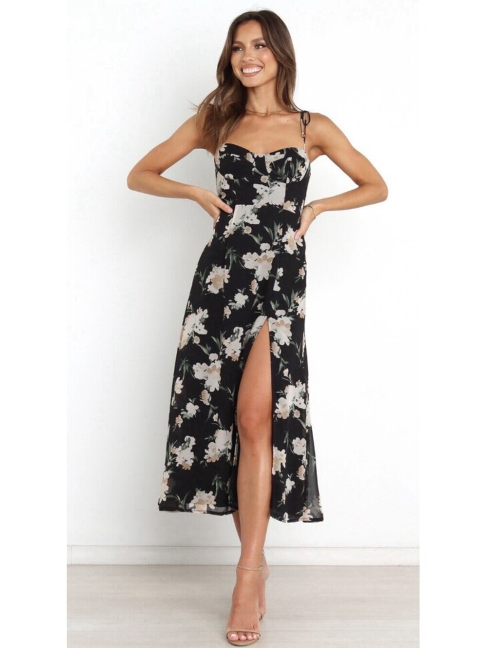 petal and pup Meg Black Floral Midi Dress Sz 8 Slit Sweetheart Wedding Date